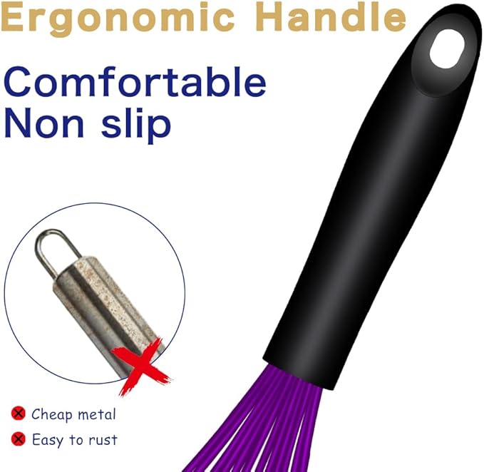 Dishwasher Safe Multicolor Silicone Whisk, Sealed Waterproof Design Set of 3, Professional Kitchen Whisks for Cooking Non-Scratch, Silicone & Stainless Steel Whisk, Heat Resistant Egg Beater