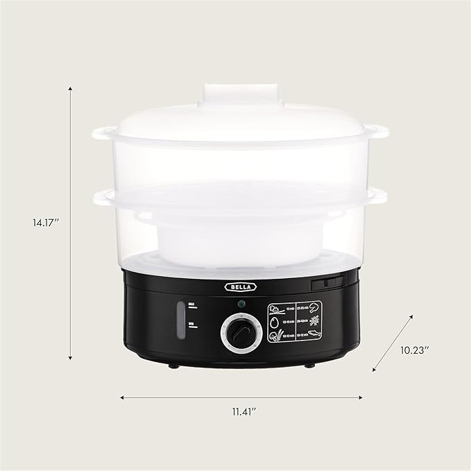 BELLA Two Tier Food Steamer with Stackable Baskets & Removable Base for Fast Simultaneous Cooking - Auto Shutoff & Boil Dry Protection, 7.4 QT, Black