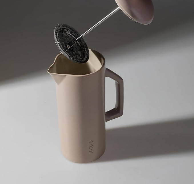 AIRES Ceramic French Press Coffee Maker – 34 oz Heat-Retaining Stoneware – Elegant Neutral Color – Inspired by Buenos Aires Coffee Culture – Gift-Ready with Barista Brewing Guide