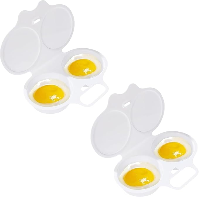 2 Pcs White Egg Poacher, Microwave Egg Boiler Poacher, 2 Cavity Nonstick Poached Egg Maker With Lid, Egg Poacher Microwave Egg Cooker, Double Drain Poached Egg Cups Cookware,Kitchen and Dining