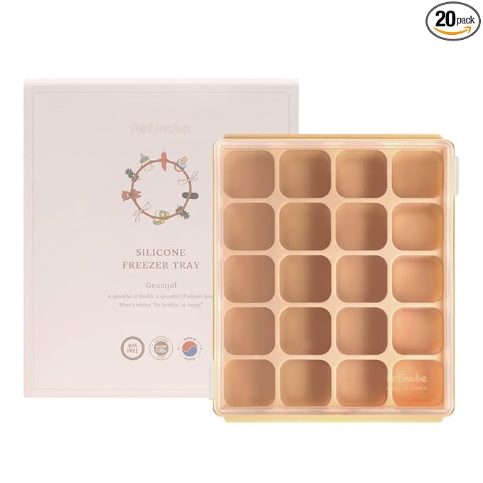 Baby Food Storage Silicone Cubes with Clip-On Lid Freezer Tray Baby Food Soups Purees Ice Easy and Safe Design Made in Korea (20 Sand Beige)