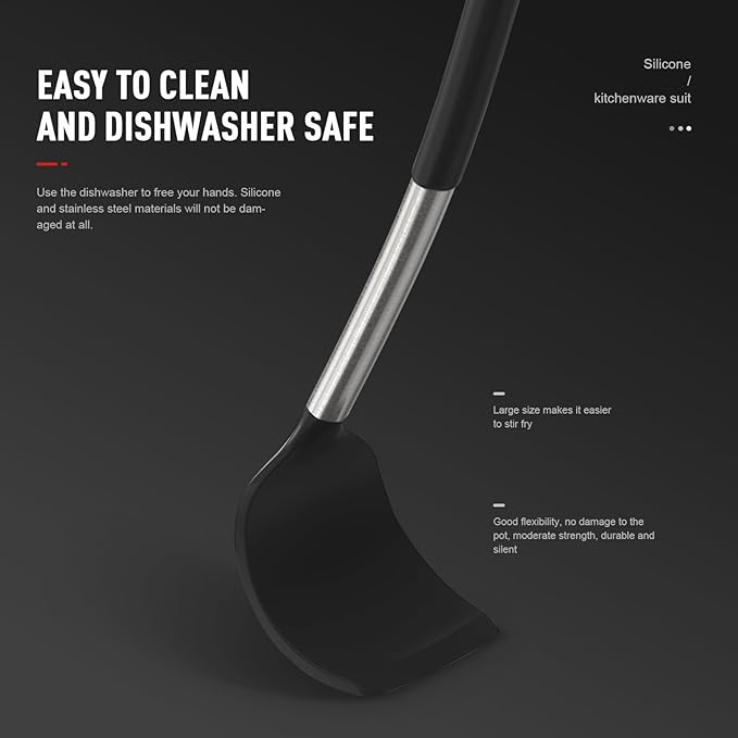 Large Silicone Cooking Utensils Set - Heat Resistant Kitchen Utensils Sets,Spatula,Spoon,Turner Tongs,Brush,Whisk,Stainless Steel Silicone Cooking Utensil for Nonstick Cookware Dishwasher Safe (Black)