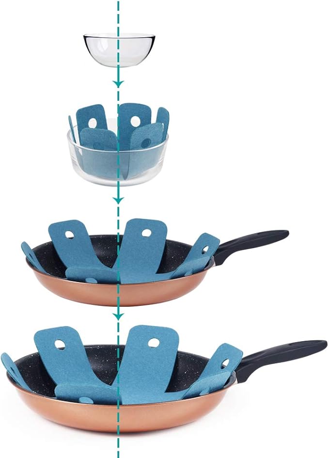 BYKITCHEN Pot Pan Protectors, Set of 12 and 4 Different Sizes, Larger & Thicker Cyan Pan Protector Pads, Pan Pot Separator Pads for Stacking and Protecting Your Cookware