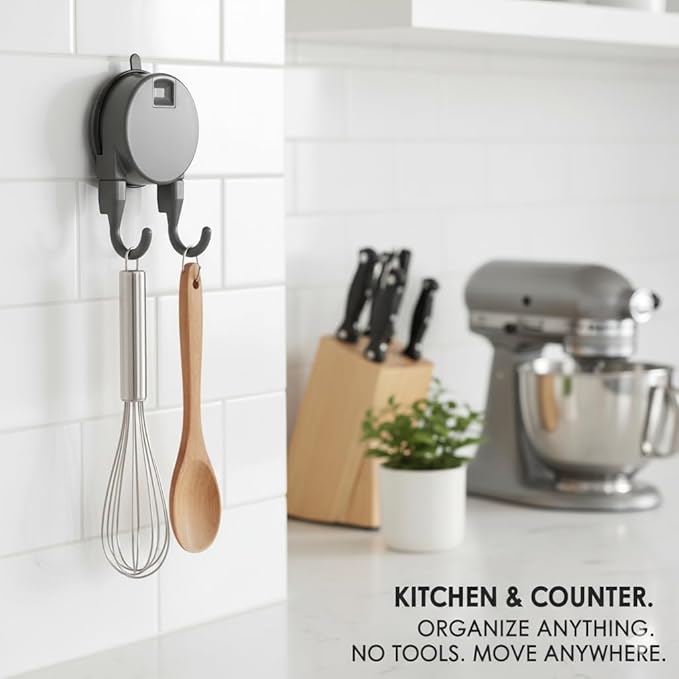 Heavy Duty Double Hook Suction Cup Hangers for Bathroom & Kitchen, 4 Pack Vacuum Wall Hooks, Strong Removable No Drill Suction Hangers for Glass, Tile, Shower, RV (Gray - 4 Pack)