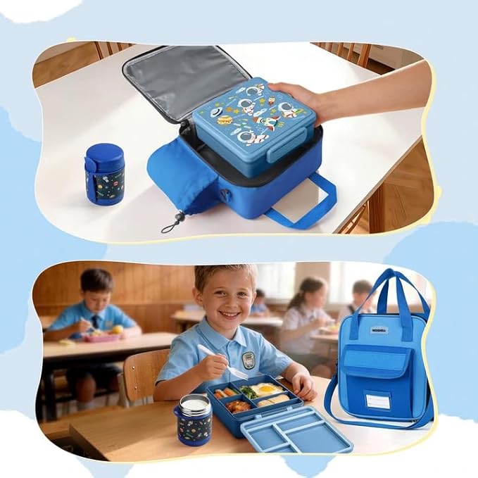 REDSHELL Bento Lunch Box for Kids Set, Leakproof Food Jar Pail with Insulated Bag, Toddler Snack Container Lunchbag Boys Daycare, Back to School Lunchbox Kit, Includes Bottle Holder Strap, Dark Blue