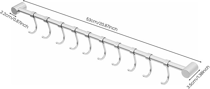 Kitchen Hanging Racks, 304 Stainless Steel 20 Inch Rail Utensil Storage Hanger with 10 Pcs Noiseless Sliding Hooks, Wall Mounted Rod Holder for Pots Pan Spatula Spoon Cookware Mug Cup