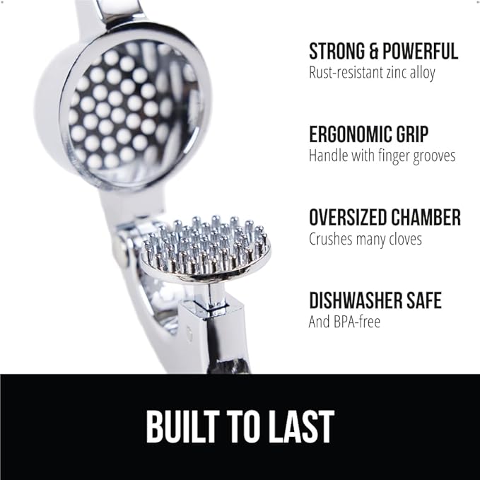 GORILLA GRIP Garlic Press and Peel Set, Heavy Duty Mincer Tool, Large Ergonomic Handle, Easily Mince and Crush Garlics, Ginger, Nuts, Seeds, Peeler Included, Peeling Cloves, Kitchen Gadgets, Red