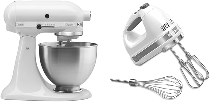KitchenAid Classic Series 4.5 Quart Tilt-Head Stand Mixer K45SS, White & 7-Speed Mixer-KHM7210 Hand Mixer, White