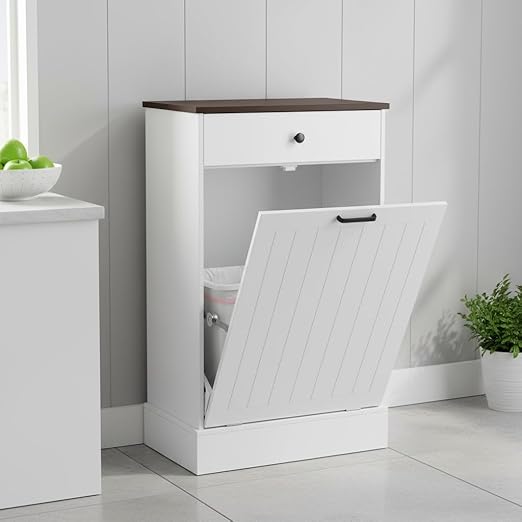 10 Gallon Tilt Out Trash Cabinet –Hidden Wooden Garbage Recycling Cabinet,Pet Proof Trash Can Holder with Storage for Kitchen Bathroom Living Room White