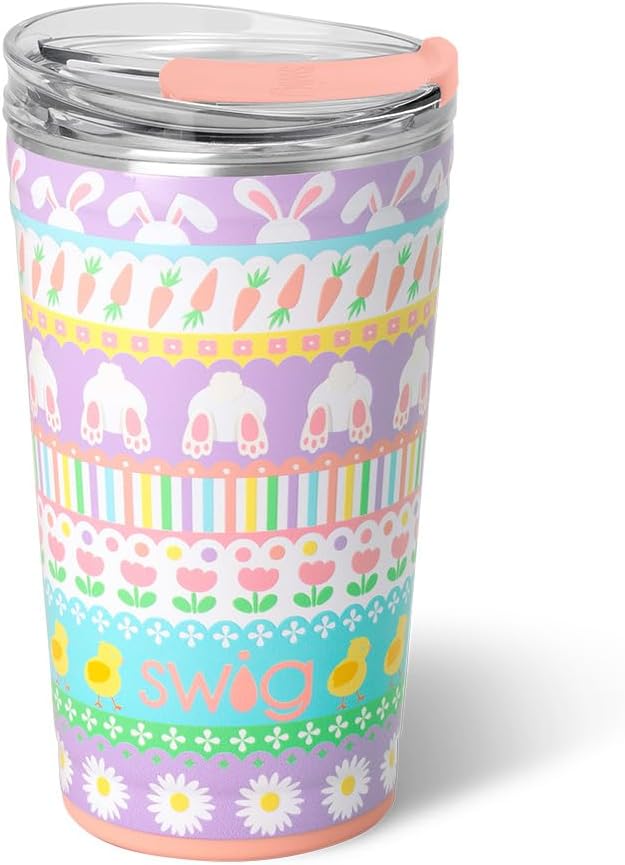 Swig Life 24oz Party Cup, Stackable Insulated Travel Coffee Tumbler with EZ Slider Lid, Cup Holder Friendly, Stainless Steel 24 oz Tumbler, Reusable Coffee Mug (Bunny Trail)