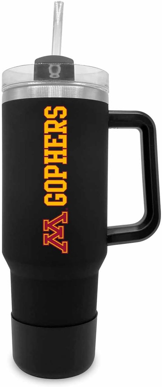 Campus Colors College & University 40 oz Travel Tumbler With Handle - Dual Option Lid With Straw - Vacuum Insulated Stainless Steel (Minnesota Golden Gophers - Black)