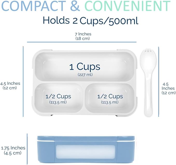 Small Snack Containers for Kids Toddlers - 3 Compartments (Set of 2) - Leak-Proof Reusable Boxes with Lids - BPA-Free Plastic Mini Bento Lunch Box - Holds 2 Cups Capacity (Pastel Blue+Teal Sparkle)