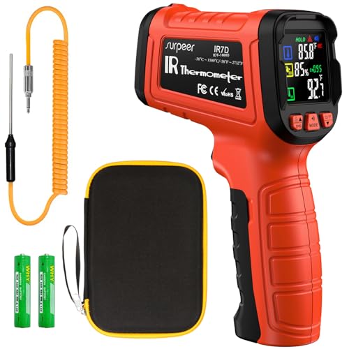 '-58°F to 2732°F Infrared Thermometer IR Laser Gun 50:1, Digital Temperature Gun/K-Type Probe -4°F~932°F, Humidity Sensor, High-Temp Pyrometer for Kiln, Forge, Furnace, Industrial Use