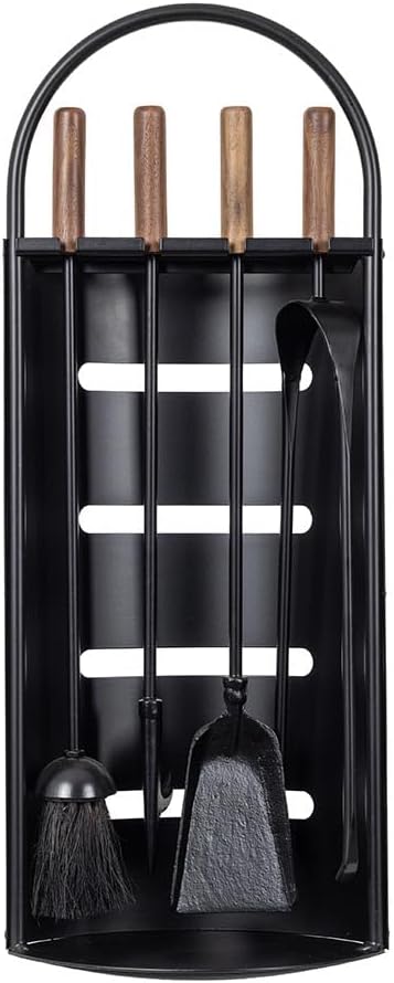 Modern Ember Noah 5 Piece Fireplace Tool Set in Black | Includes Brush, Shovel, Fire Poker, Tongs, and Stand | Heavy-Duty Steel | Heat-Resistant Powder Coating Finish | Natural Wood Handles