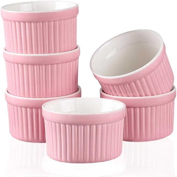 Ramekins 4oz,Creme Brulee Ramekins and Souffle Dishes,Porcelain Oven Safe Baking Bowls,Pudding Cups,Dipping bowl,Set of 6,Pink.