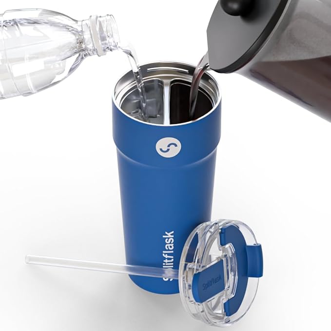 Splitflask 2-in-1 Dual Chamber Tumbler 30oz Hot & Cold Insulated Cup with Straw & Sip Lid, Leak Resistant Stainless Steel Travel Mug for Coffee, Water, Moms, Gym, Work, Car Cup Holder BPA-Free