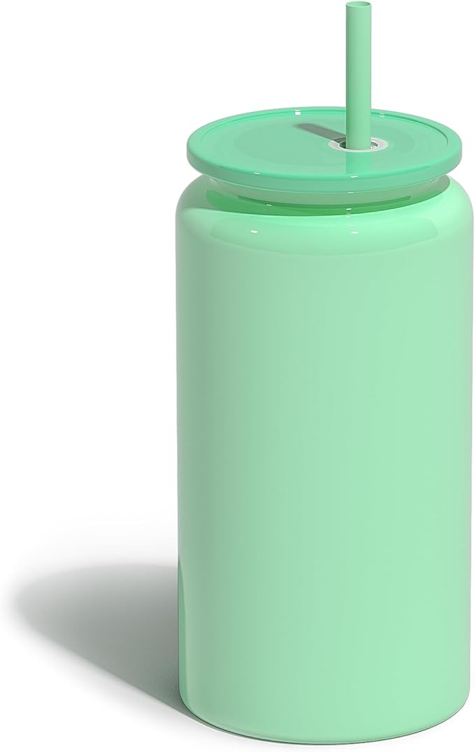Glass Cups with Lids and Straws, 16oz Stainless Steels Cups, Beer Cups, Iced Coffee Cup, Smoothie Cup, Sublimation Tumbler, Cyan (Smooth Polished Finish, Sublimatable)