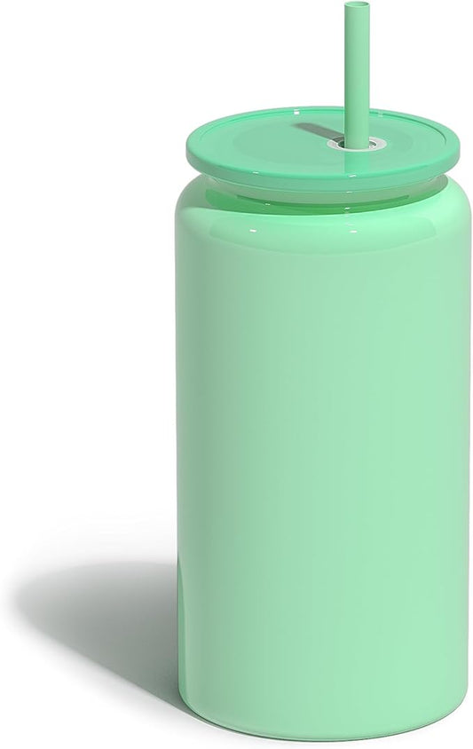 Glass Cups with Lids and Straws, 16oz Stainless Steels Cups, Beer Cups, Iced Coffee Cup, Smoothie Cup, Sublimation Tumbler, Cyan (Smooth Polished Finish, Sublimatable)