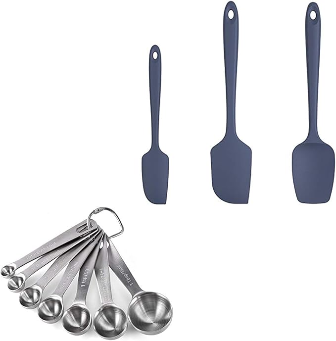 U-Taste 18/8 Stainless Steel Measuring Spoons Set of 7 Pieces, U-Taste 600ºF Heat Resistant Silicone Spatula Set of 3 (Midnight Blue)
