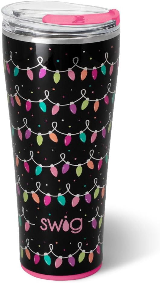 Swig Life 32oz Insulated Tumbler, Travel Coffee Tumbler with Lid, Cup Holder Friendly Travel Coffee Mug, Stainless Steel, 32 oz, Reusable Insulated Mug with Lid (Tacky Lights)