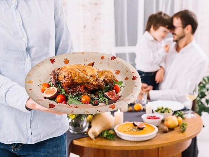 WDF 50Pack Thanksgiving Oval Plates Paper - 10" x 12" Happy Thanksgiving Plates Disposable Dinner Autumn Fall Harvest Party Supply - Turkey Thankful Pattern
