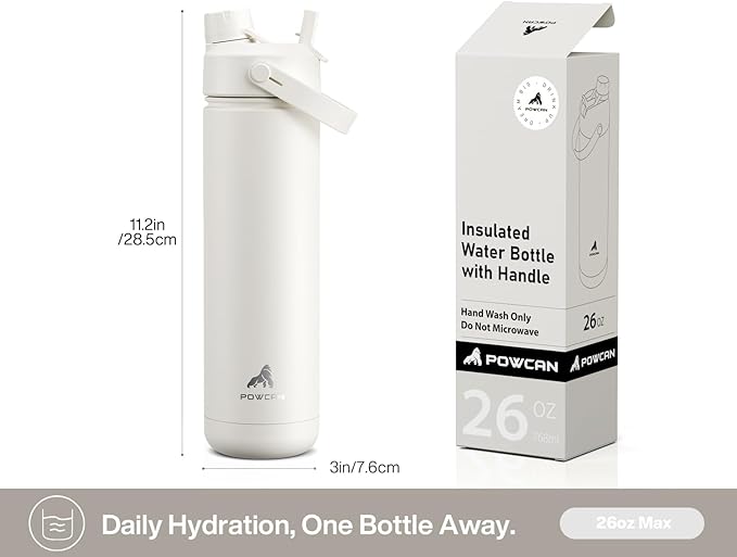 POWCAN 26 oz Insulated Water Bottle with 2-in-1 Straw and Spout Lid, Keep Cold 24H, Leak-Proof, Fits in Car Cup Holder, Stainless Steel Water Bottle for Sports, Travel, Gym, and School (Ivory)