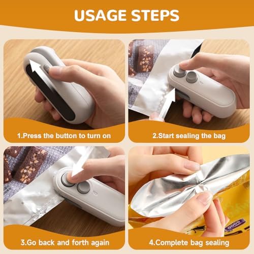 2-in-1 Mini Bag Sealer with Cutter & Magnet - Rechargeable Handheld Heat Sealing Machine for Snack & Chip Bags - Portable Food Storage Resealer (White, 2pcs)