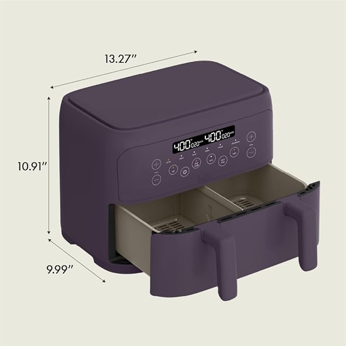 bella 4 Qt TriZone Air Fryer, EverGood™ Ceramic Nonstick Coating, Dual Basket Design w Removable Divider, Digital Touchscreen Control w 6 Preset Cooking Options, 1200 Watt, 3lb Capacity, Plum