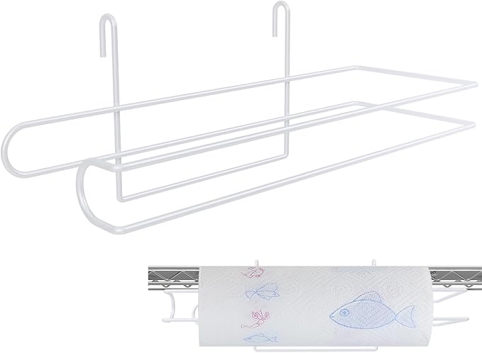 CroBlissful Paper Towel Holder for Wire Shelving 5'' D x 12'' W x 4.5'' H Hanging Paper Towel Holder Wire Shelf Accessories for Camp Dorm Laundry Room Stove Kitchen (White)