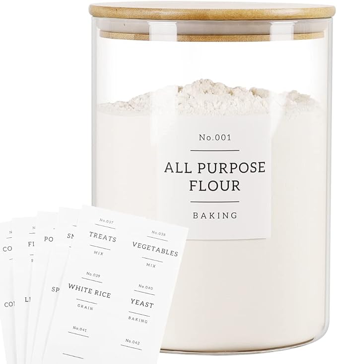 HHMJSM Large Glass Storage Jars With Airtight Bamboo Lid - 100 Fl Oz Thicken Kitchen Glass Food Storage Canister With 42 Pantry Labels - Big Clear Flour And Sugar Containers Farmhouse