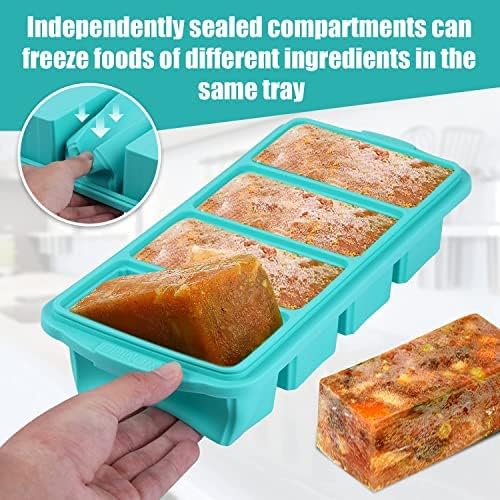 Silicone Freezing Tray with Lid, Large Ice Cube Tray Non-stick Soup Freezer Container with 4 Compartments for Storing and Freezing Soups, Broths, Sauces and Liquid Diets, Oven and Dishwasher Safe…