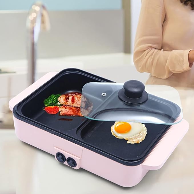 CNCEST 2 in 1 Portable Electric Hot Pot Barbecue Grill Non-Stick Teppanyaki Pan 110V Indoor Hotpot Grill Korean BBQ Combo (Pink)