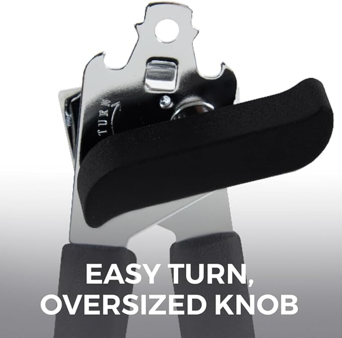 Kitchen Genie Slip Resistant Stainless Steel Manual Can Opener, Sharp Blade for Smooth Edge Cuts, Easily Open Cans, Ergonomic Handles with Easy to Turn Knob, Built-In Bottle Openers, Pitch Black
