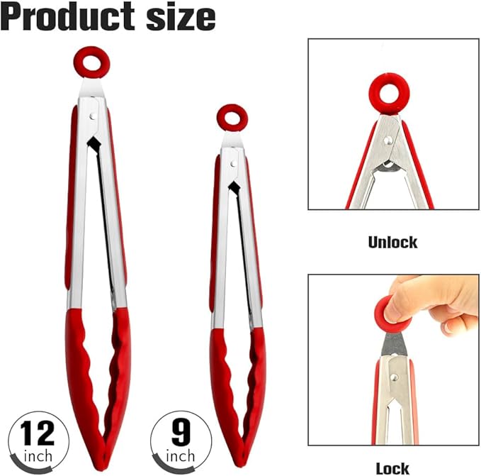 Kitchen Tongs 2 Pcs Tongs for Cooking 9 Inch 12 Inch Red Silicone Tongs Stainless Steel Locking Food Tong with Non-Slip Silicone Tips Heat Resistant Serving Tong for BBQ Grilling Salad Kitchen Utensil