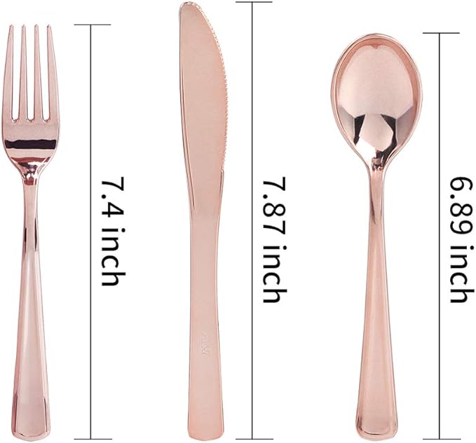 WDF 300 Pieces Rose Gold Plastic Silverware- Disposable Flatware Set - Heavy Duty Plastic Cutlery Includes 100 Forks, 100 Spoons, 100 Knives Perfect for Wedding, Party