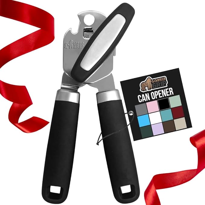 GORILLA GRIP Heavy Duty Stainless Steel Smooth Edge Manual Can Opener and Bottle Openers, Soft Comfortable Handle, Oversized Handheld Turn Knob, US Designed Multifunctional Kitchen Tool, Black