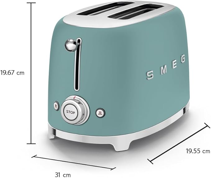 SMEG 2 Slice Toaster with 6 Presets and Defrost Function and Removable Crumb Tray (Jade)