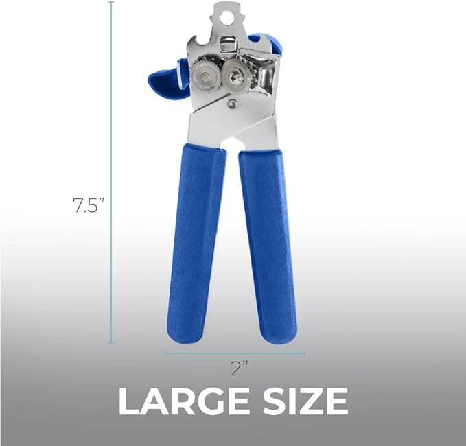 Kitchen Genie Slip Resistant Stainless Steel Manual Can Opener, Sharp Blade for Smooth Edge Cuts, Easily Open Cans, Ergonomic Handles with Easy to Turn Knob, Built-In Bottle Openers, Cobalt Blue