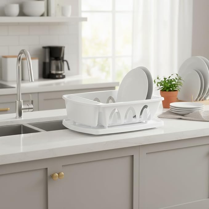 Tribello Sink Dish Drying Rack, Large Heavy Duty Hard Plastic Sink Set with Drainer (White) - Made in USA