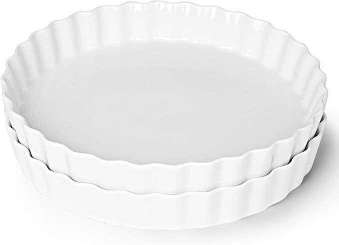 ONTUBE Pie Pans 11 Inches Ceramic Quiche Pans, Round Pie Tins for Baking,Oven Saf (White, 11" x 2 Pieces)