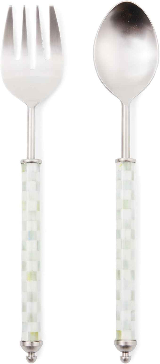 MACKENZIE-CHILDS Supper Club Salad Serving Set, Fork and Spoon Salad Servers, Decorative Kitchen Serving Utensils, Gray-and-White Sterling Check