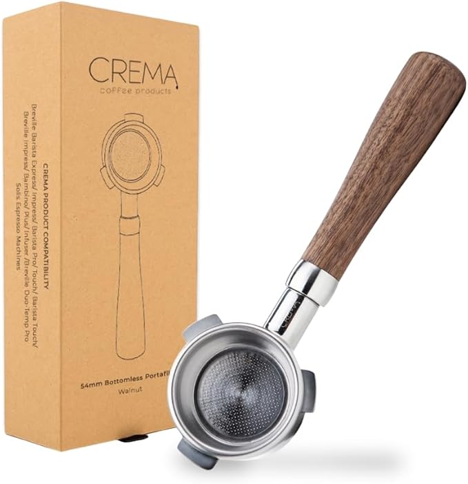 CREMA Coffee Products 54mm Bottomless Naked Portafilter | Compatible with 54mm Breville Machines | Includes Double Shot Filter Basket | Walnut