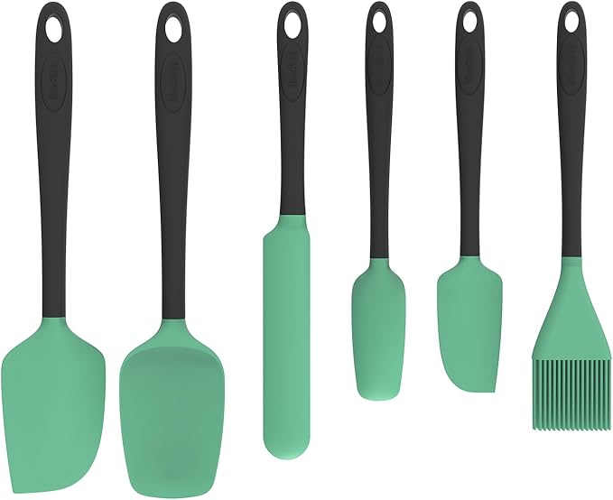 Silicone Spatula Set, 6 Pieces Food Grade Kitchen Utensils with Silicone Brush Heat Resistant Dishwasher Safe BPA-free Rubber Spatula for Scraping, Baking, Cooking, Mixing (Cyan)