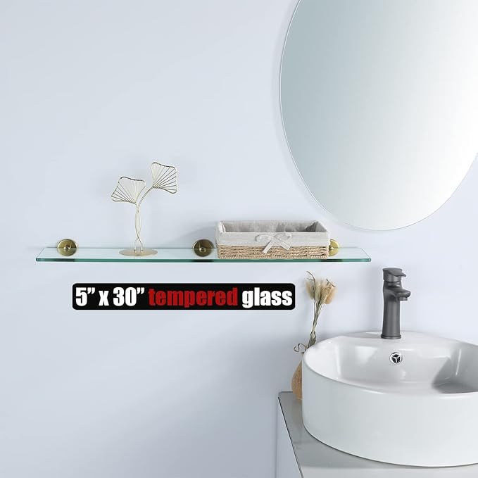 JQK Bathroom Glass Shelf Gold, Tempered Glass Shower Storage 30 by 5 inches, 304 Stainless Steel Brushed Gold Wall Mount, TGS101L30-BG