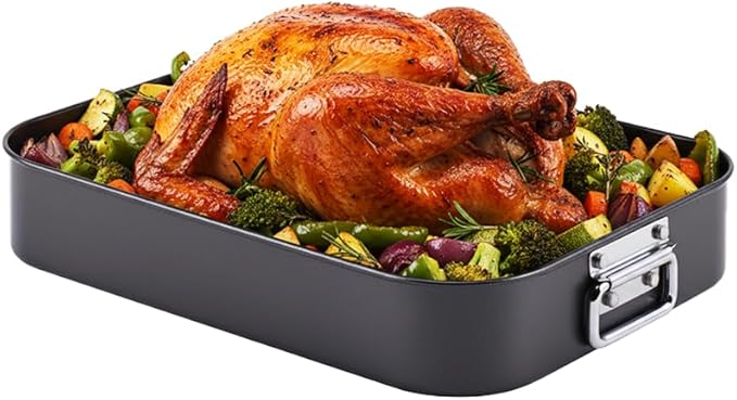 Roasting Pan, Nonstick Roaster Pan with Rack, Turkey Roasting Pan with V Rack, 17 Inch x 13 Inch, Black