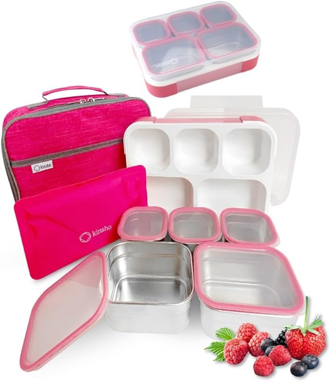 kinsho Stainless Steel Bento Lunch Box Set for Adults, Kids - Insulated Bag and Ice Pack - Leak-Proof Metal Compartment Meal Prep Food & Snack Containers for Work Travel School Daycare, 34 oz Pink
