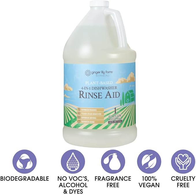 Ginger Lily Farms Botanicals Plant-Based 4-In-1 Dishwasher Rinse Aid, 100% Vegan & Cruelty-Free, Fragrance Free, 1 Gallon (Pack of 4)