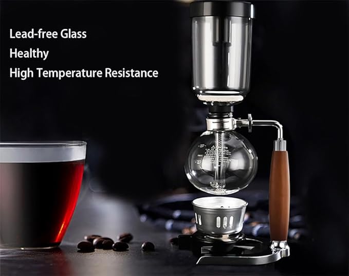 5 Cup,Siphon Coffee Maker with Wooden Handle ，syphon coffee brewer，coffee siphon，Vacuum Brewer Pot, Japanese Syphon Machine, Glass Drip Coffee Maker Set,Comes With 10 Sheets Of Coffee Filter Cloths