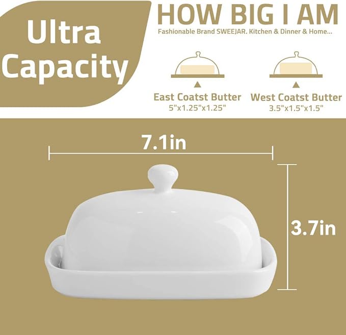 Sweejar Ceramic Butter Dish with Lid for Countertop,Porcelain Butter Keeper with Knob Handle,Butter Container for East/West Coast Butter and Porcelain Teapot with Removable Stainless Steel Infuser