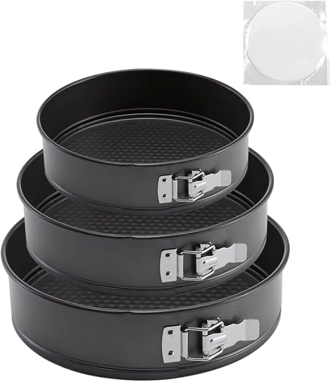 Springform Cake Pan, Cake Pan with 3 Different Size (9.5,10.2,11inch), Cake Molds for Baking with Removable Bottom, Non-Stick Bakeware for Effortless Baking（with 50 Pcs Parchment Paper Liners）
